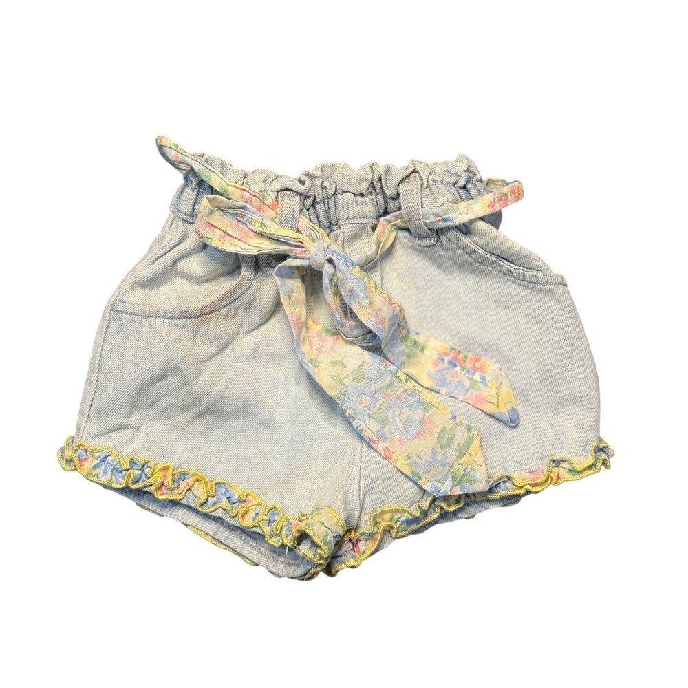 VTG Sparkle Girls 3T Denim Blue‎ Shorts Jean Floral Ruffle 90's Belted Summer
